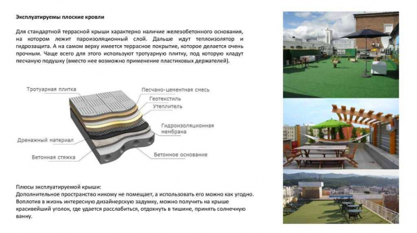Плоская эксплуатируемая кровля: назначение, особенности, плюсы и минусы Плоская эксплуатируемая кровля: назначение, особенности, плюсы и минусы